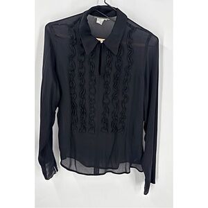 Isabella Bird 100% silk ruffle front pullover w/loop button closure blouse M